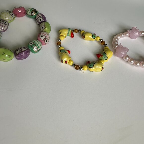 New Parrot Owl Pig Animal Porcelain Beads Stack of 3 Bracelet - Picture 4 of 5
